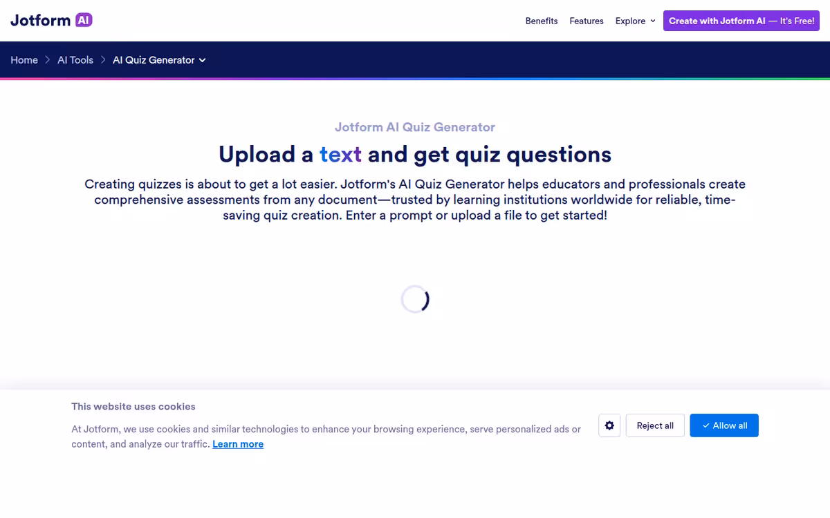 Jotform AI Quiz Generator homepage screenshot