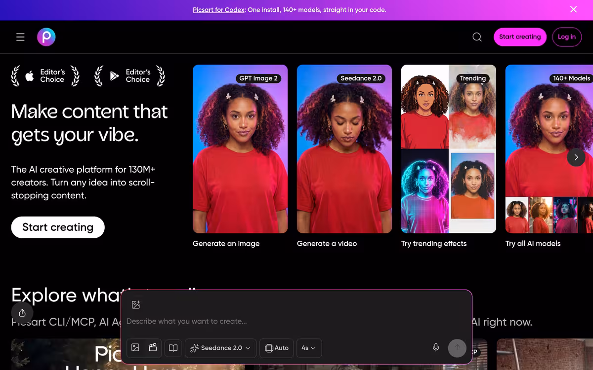Picsart homepage screenshot