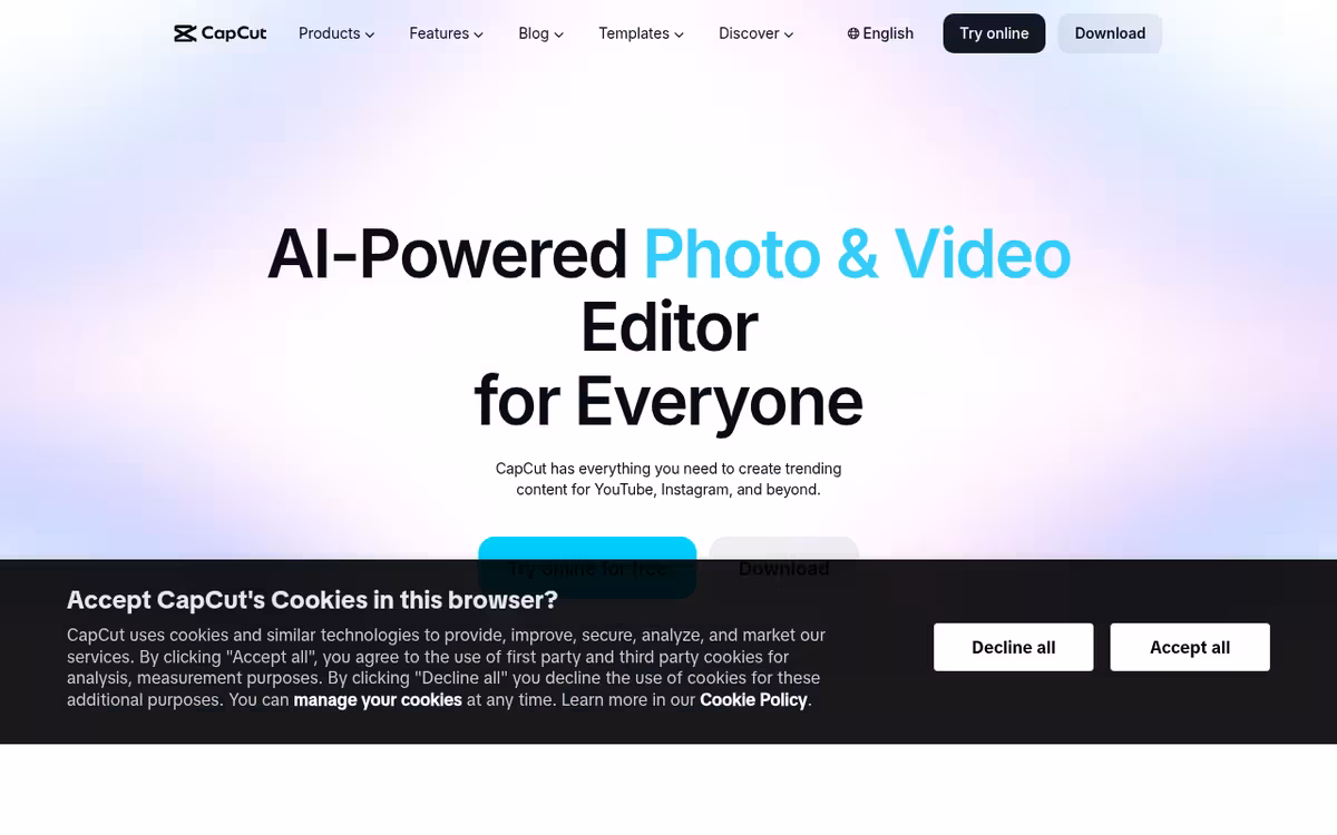 CapCut AI Video Editor homepage screenshot