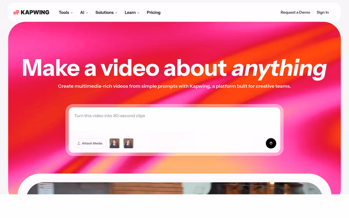 Kapwing AI Video Editor homepage screenshot
