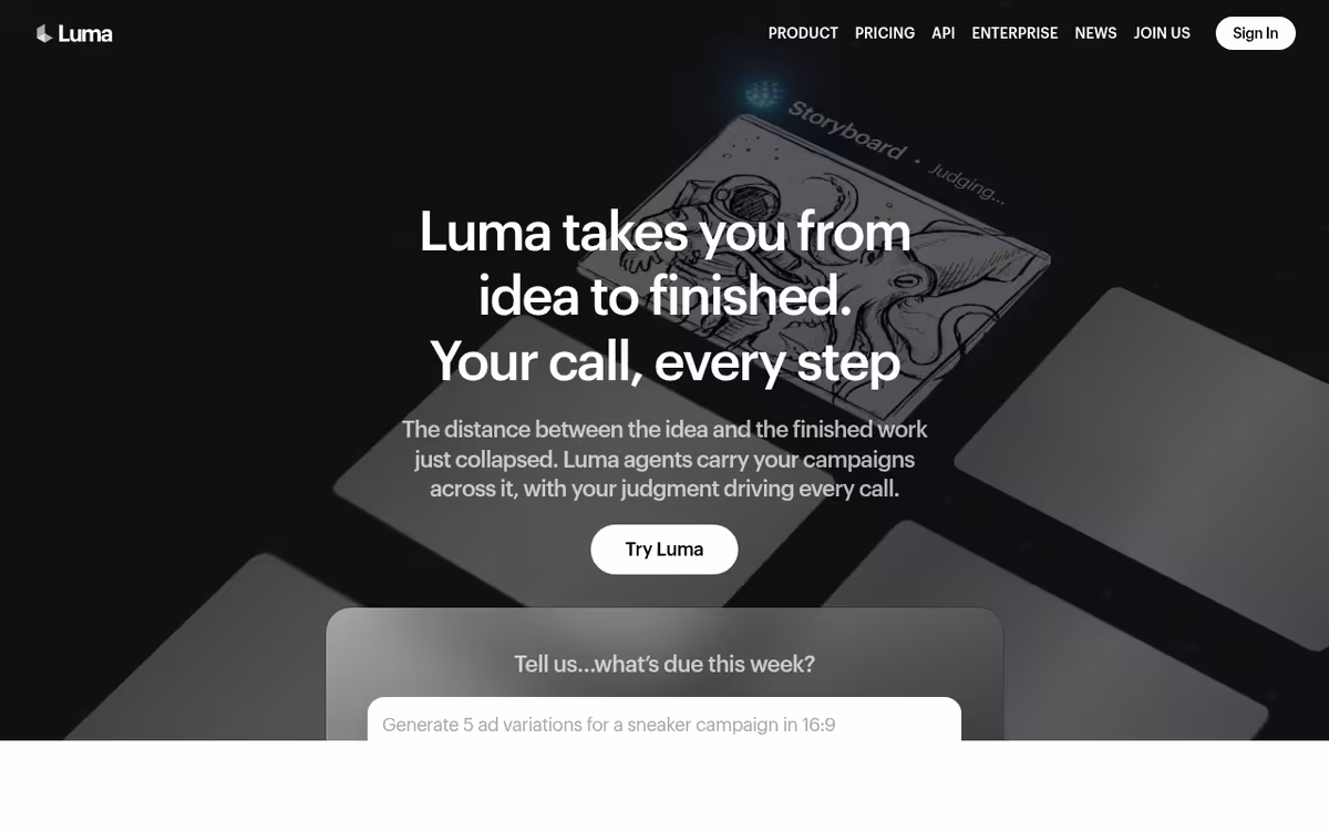 Luma Dream Machine homepage screenshot