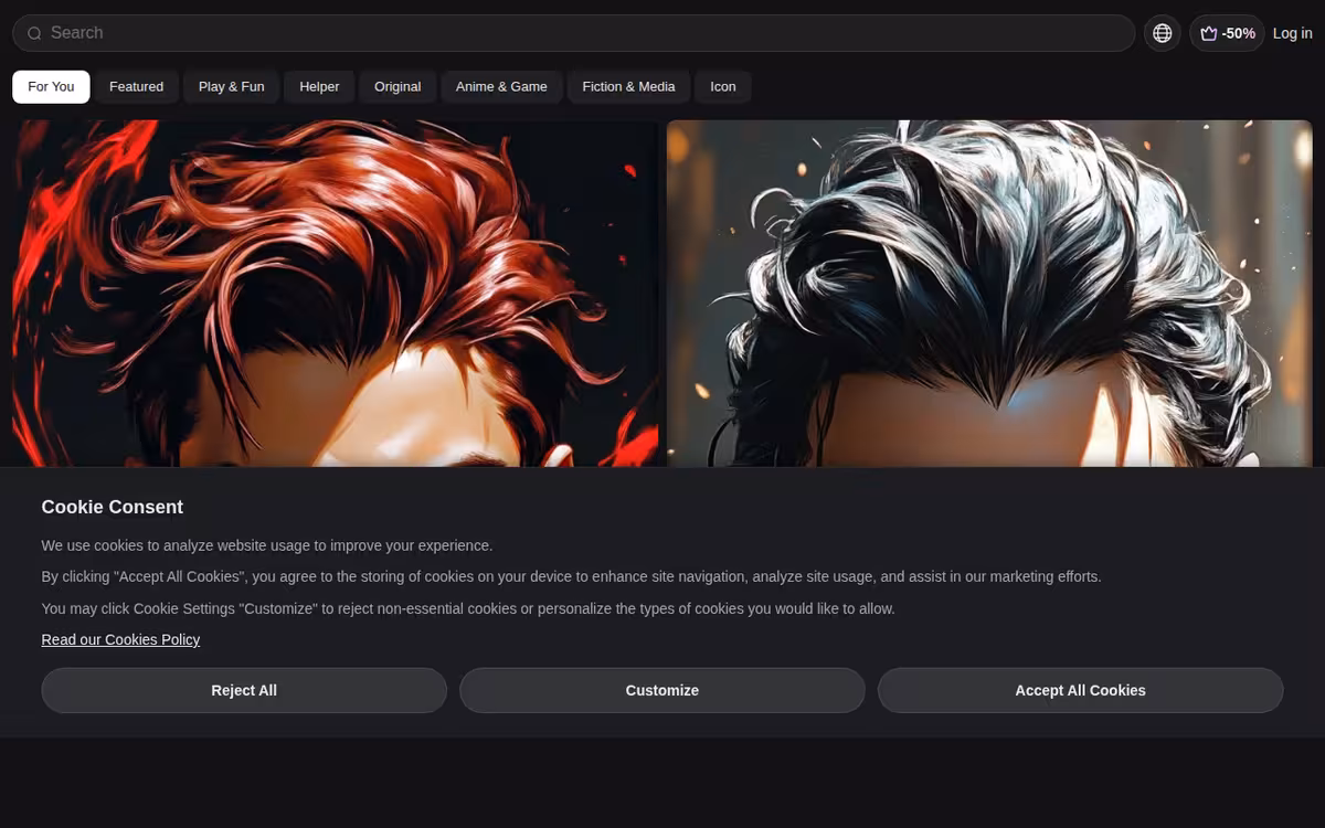 Talkie | Free AI Character Chat homepage screenshot