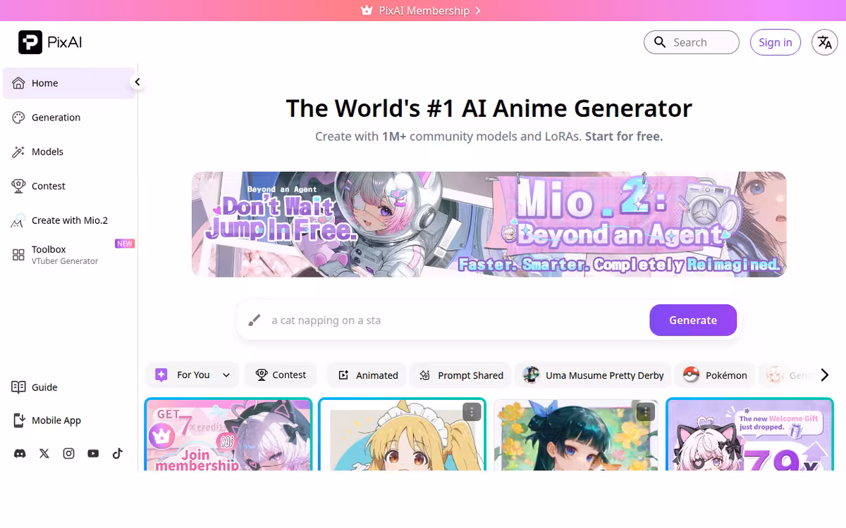 PixAI homepage screenshot