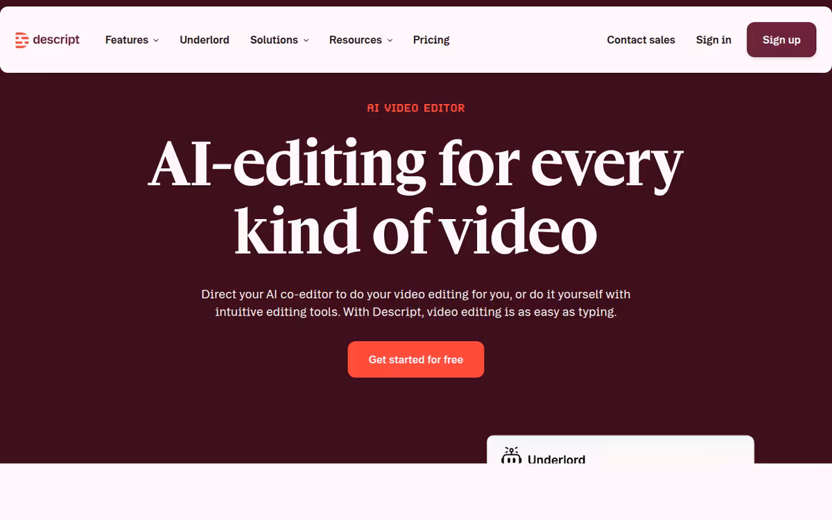 Descript homepage screenshot