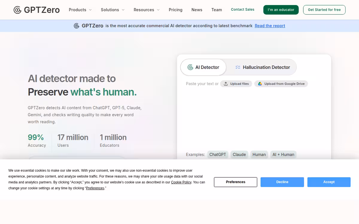 GPTZero homepage screenshot