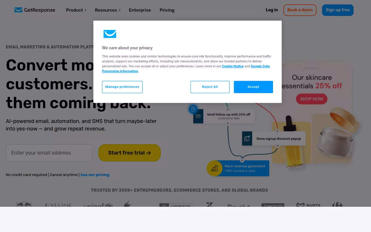 GetResponse AI Website Builder homepage screenshot