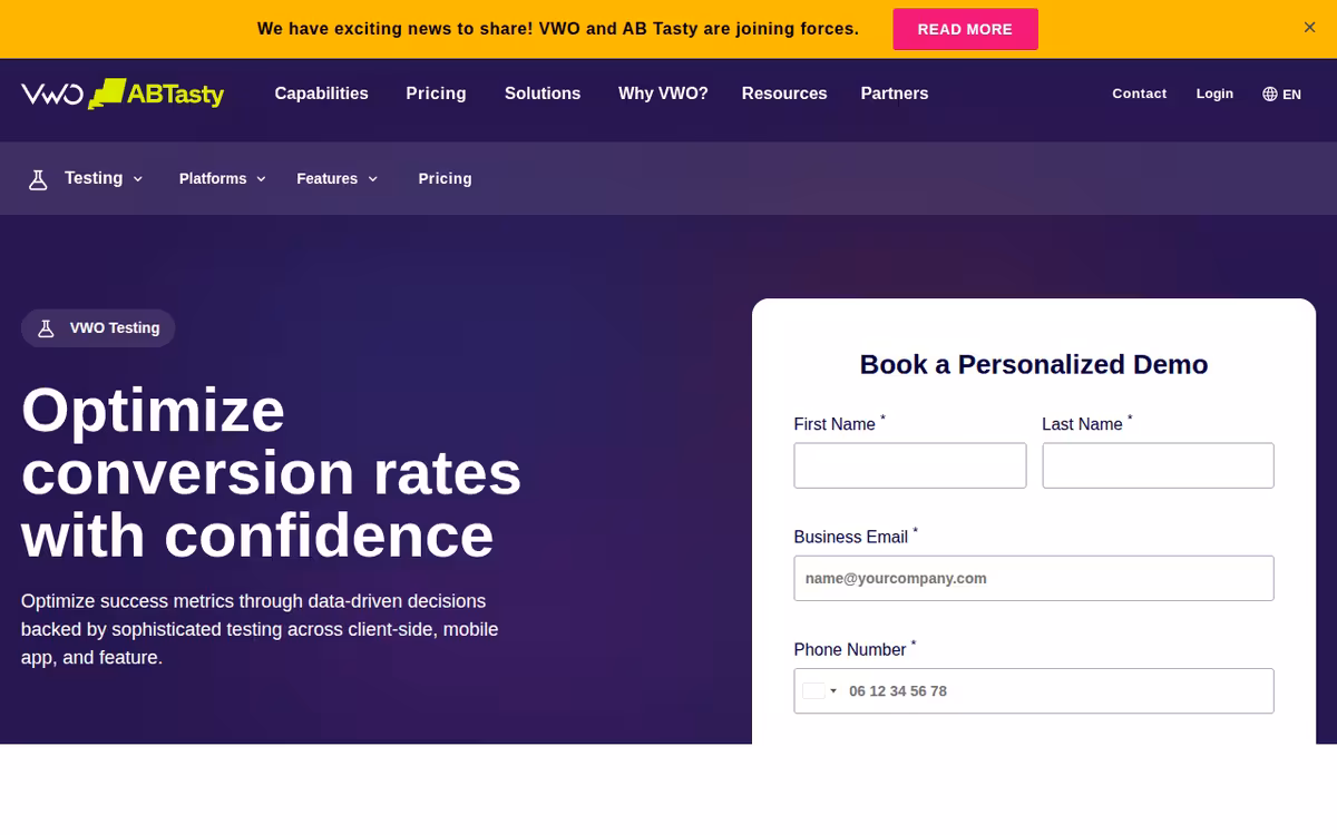 VWO Testing homepage screenshot