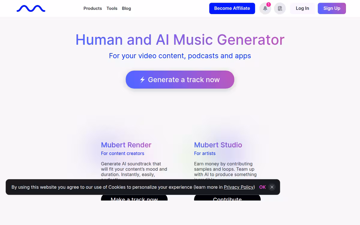 Mubert homepage screenshot