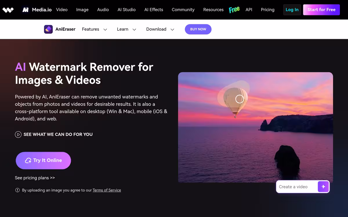 AI Image Sharpener by Media.io homepage screenshot