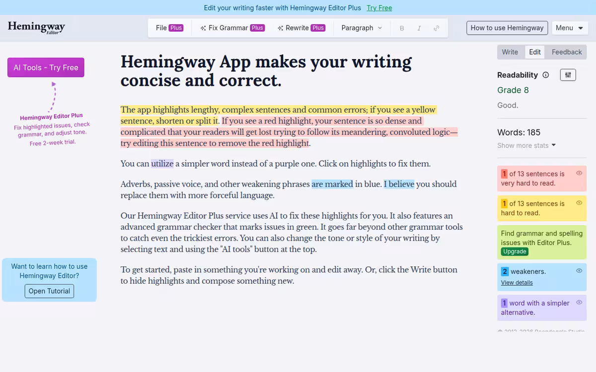 Hemingway Editor Plus homepage screenshot