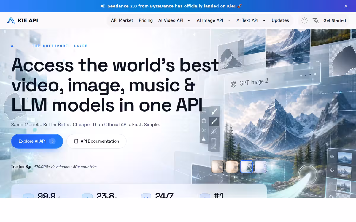 Try Affordable AI API on Kie.ai homepage screenshot