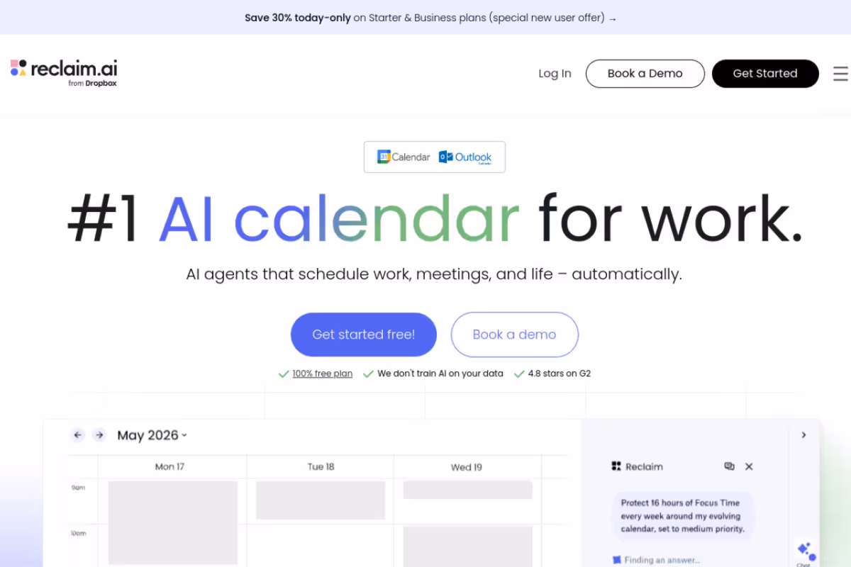 Reclaim homepage screenshot