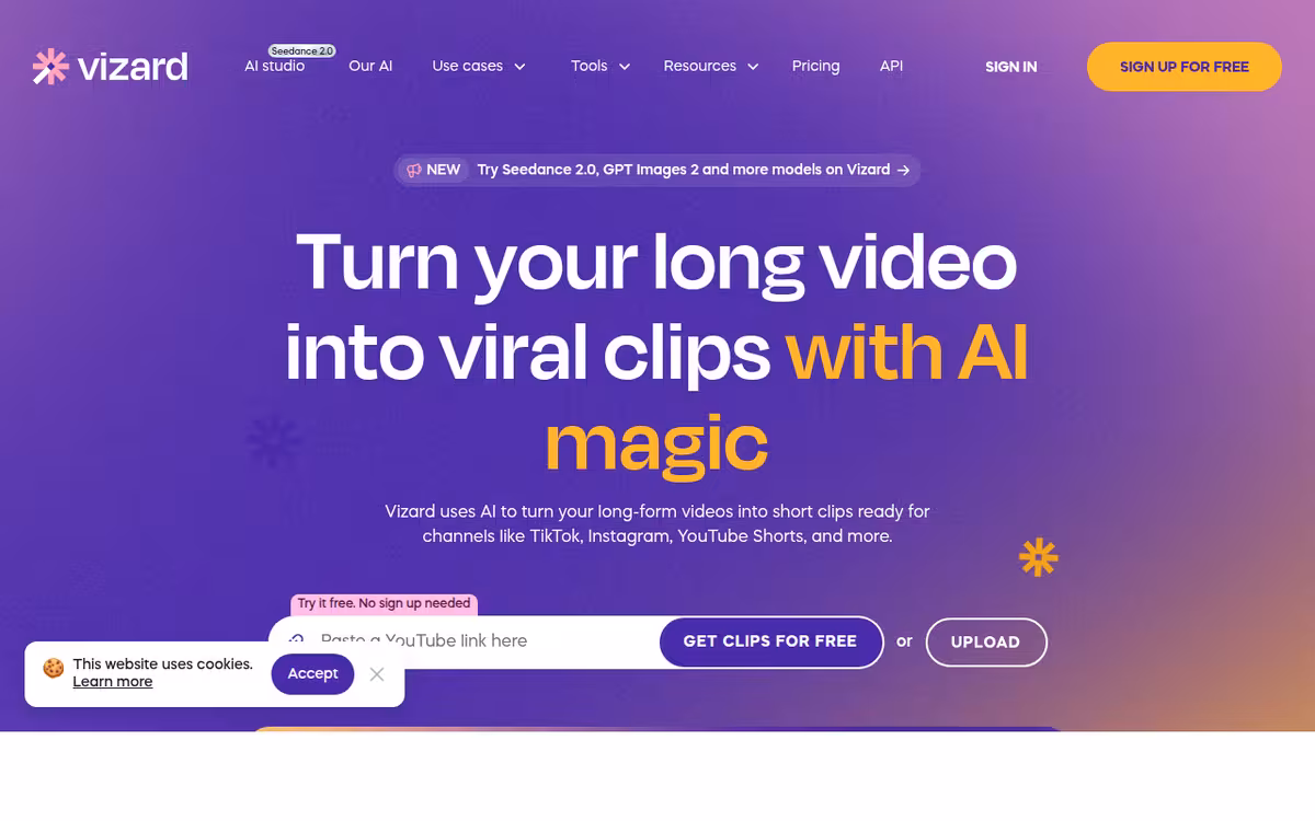 Vizard homepage screenshot