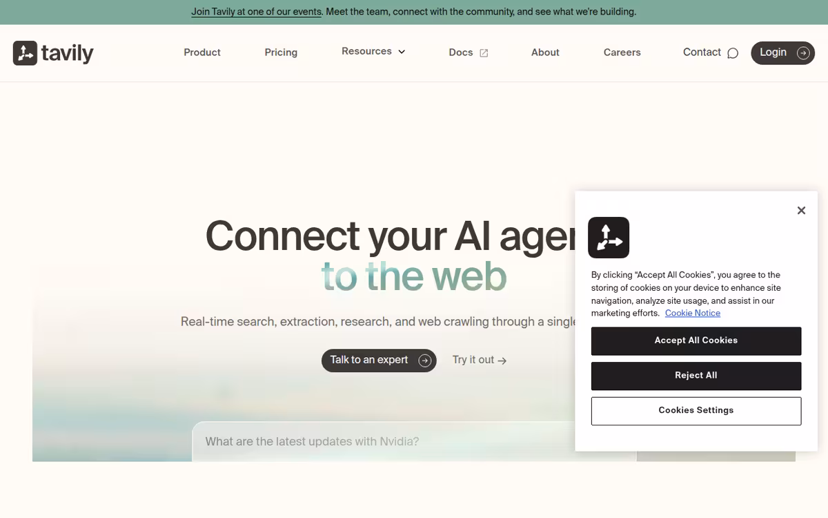 Tavily homepage screenshot