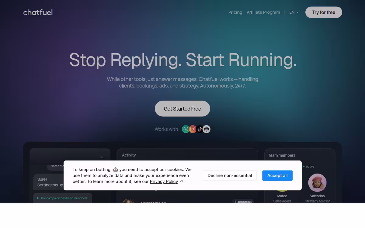 Chatfuel AI homepage screenshot
