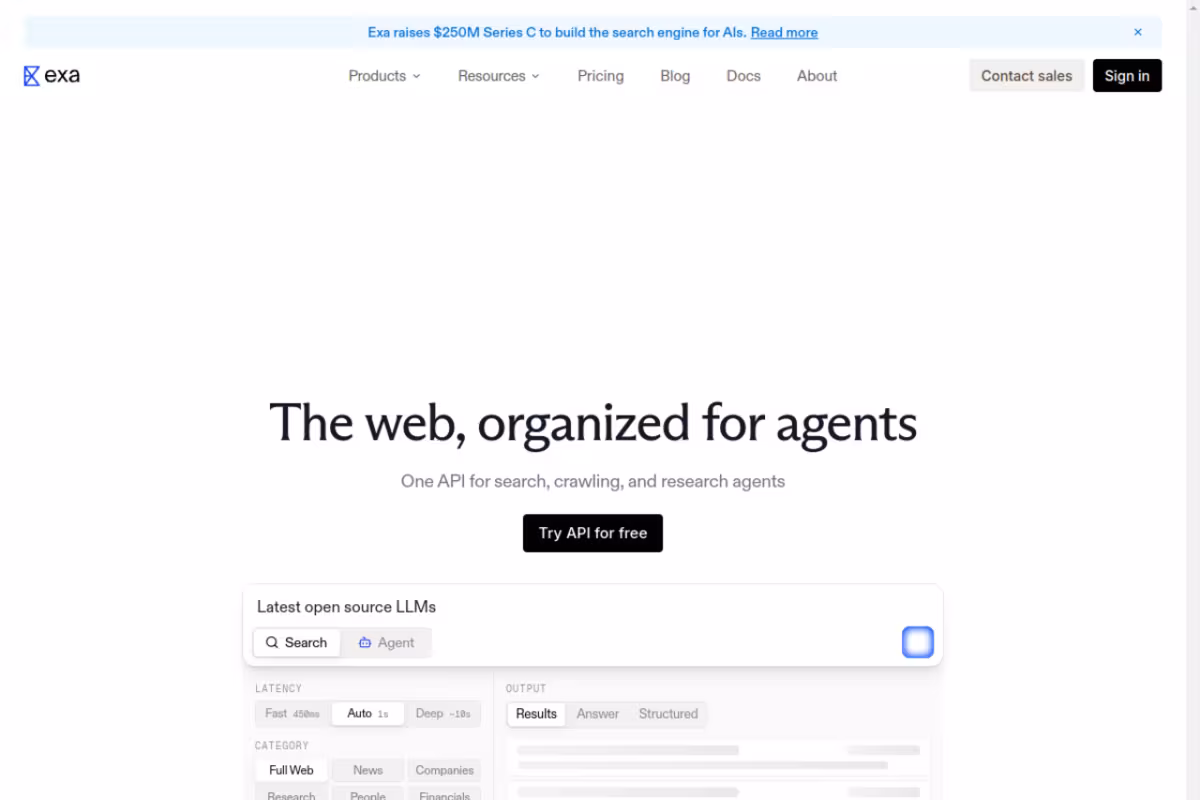 Exa homepage screenshot