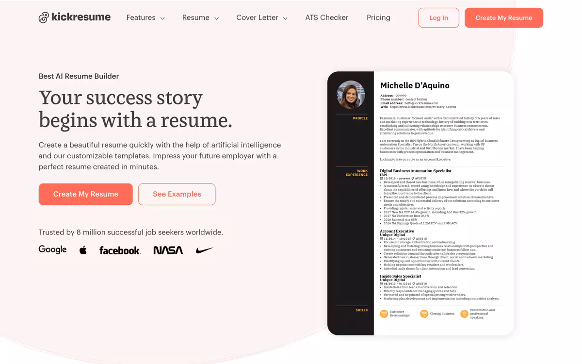 Kickresume homepage screenshot