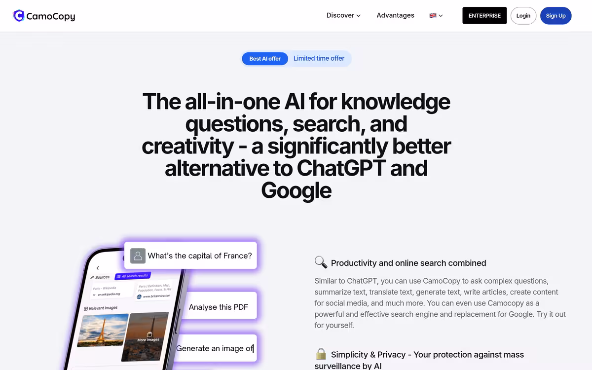 a significantly better alternative to ChatGPT and Go homepage screenshot