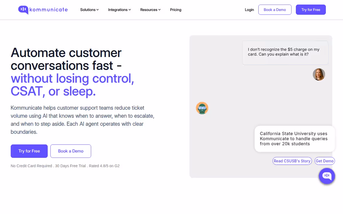 Kommunicate homepage screenshot