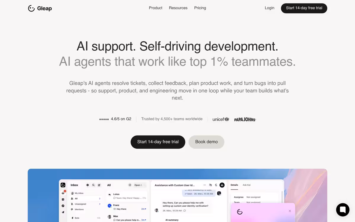 Gleap homepage screenshot