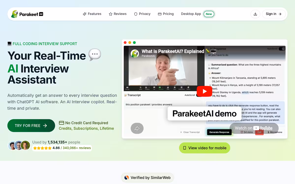 ParakeetAI homepage screenshot