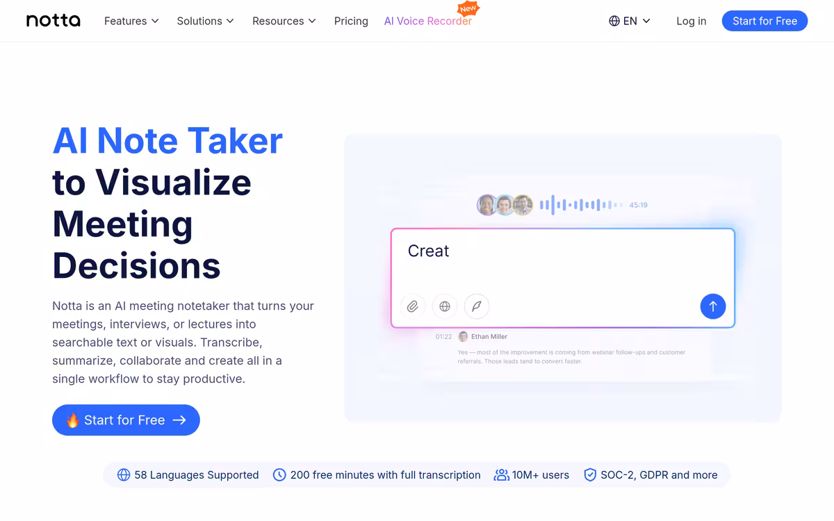 Notta Showcase homepage screenshot