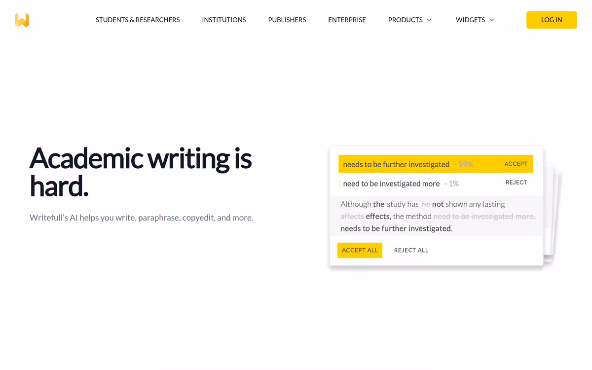 Writefull Academizer homepage screenshot