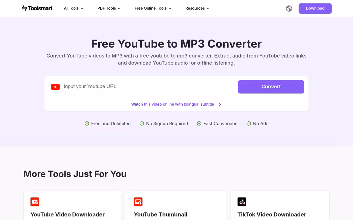 Free YouTube to MP3 Converter Unlimited Downloads homepage screenshot