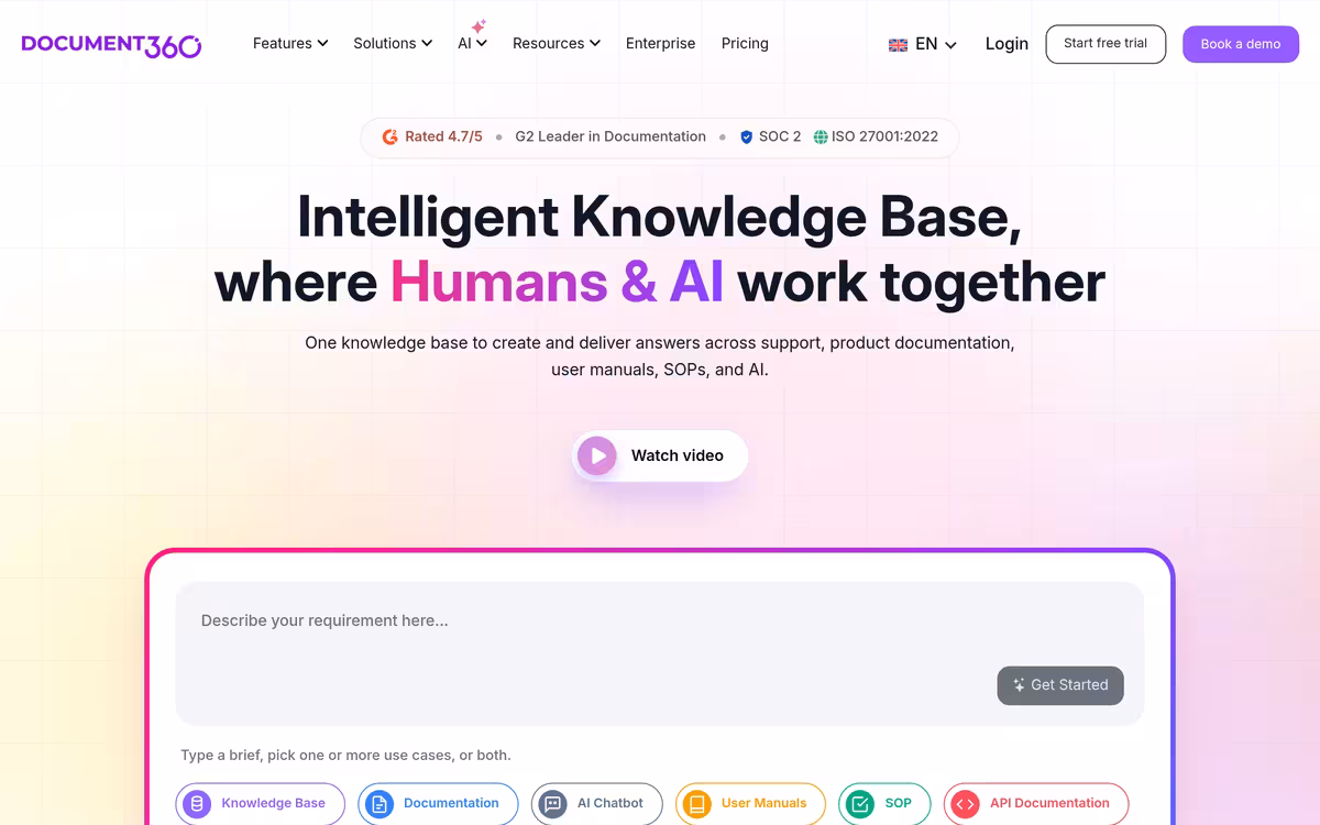 Build Intelligent Documentation with AI Knowledge Base Software homepage screenshot
