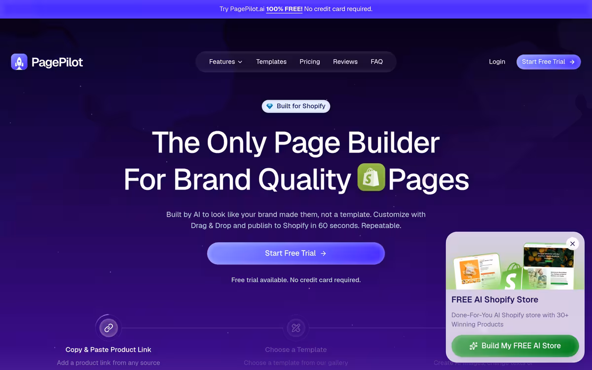 AI Shopify Landing Page Builder homepage screenshot