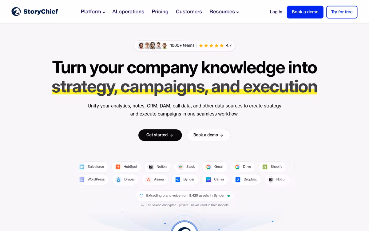 StoryChief.io homepage screenshot