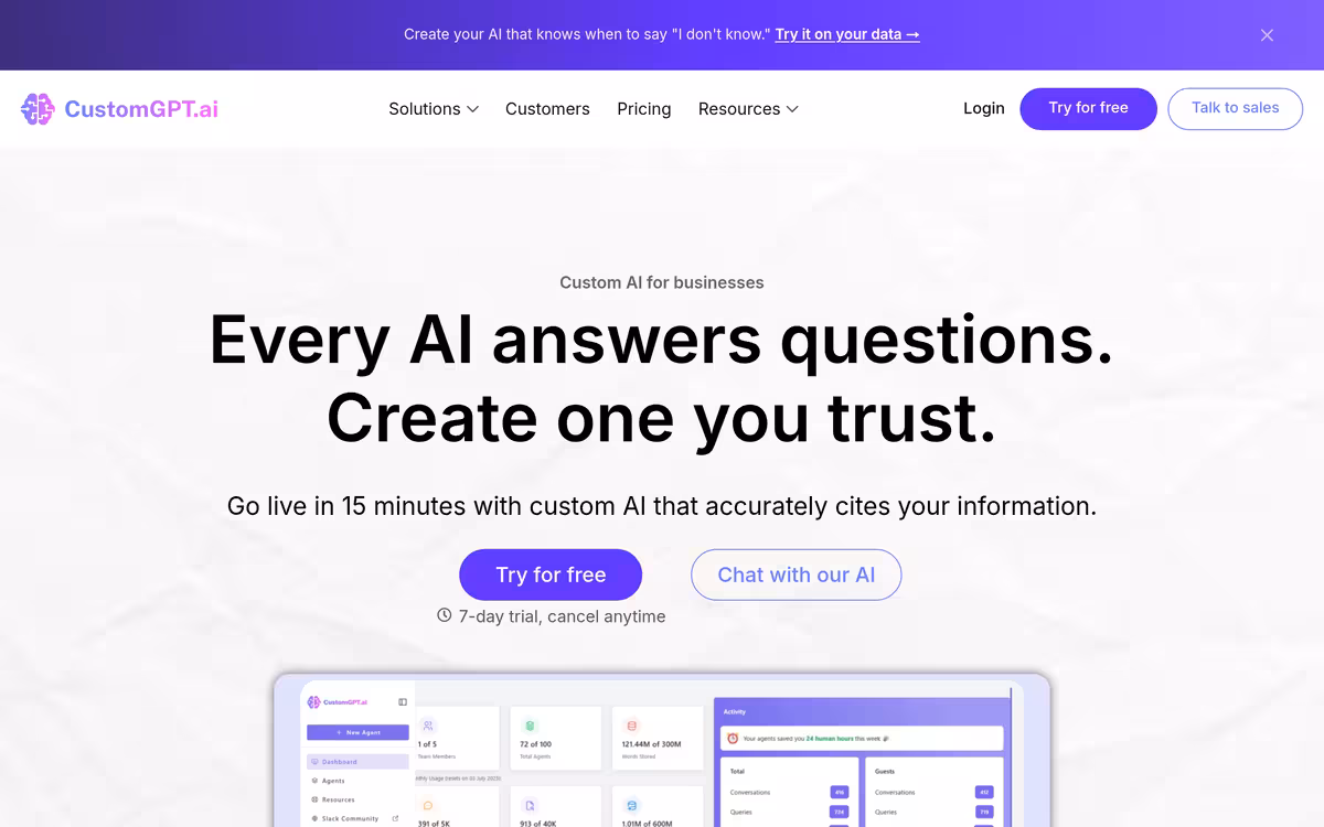 CustomGPT.ai homepage screenshot