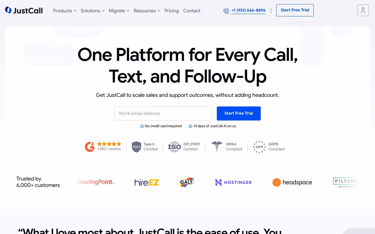 JustCall homepage screenshot