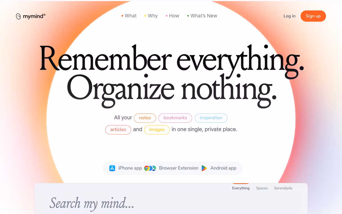 mymind is the extension for your mind. homepage screenshot
