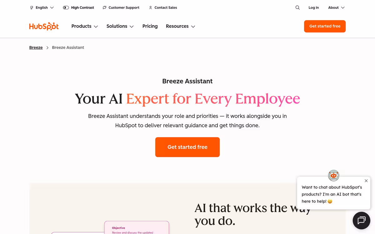 HubSpot Breeze Assistant homepage screenshot