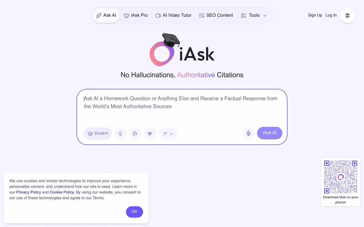 iAsk AI for Homework Help homepage screenshot