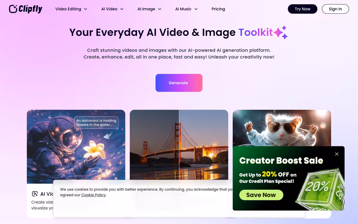 Clipfly AI Kissing Video Generator homepage screenshot
