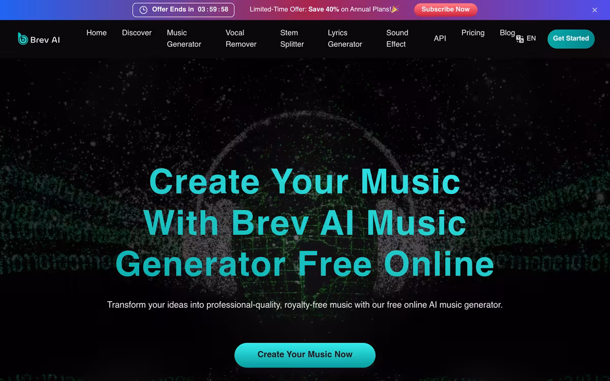 Create Your Music With Brev AI Music Generator Free Online homepage screenshot