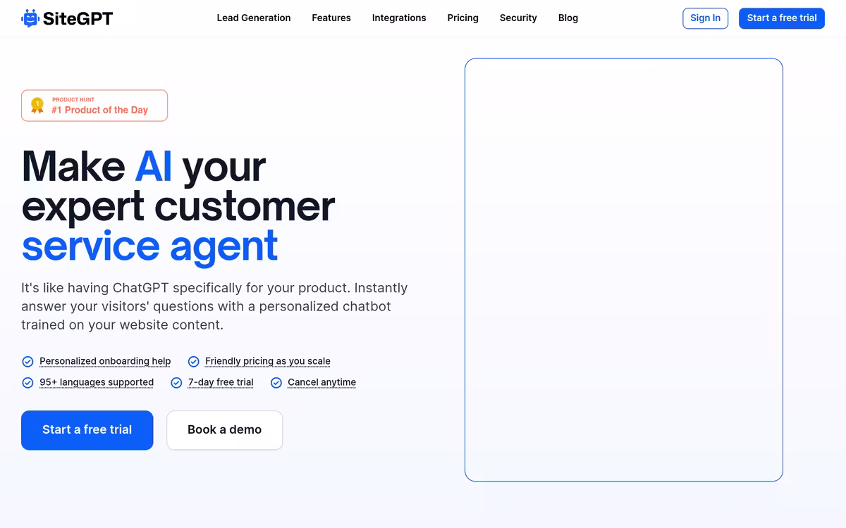 SiteGPT homepage screenshot