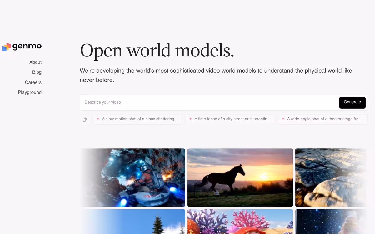 Genmo. The best open video generation models. homepage screenshot