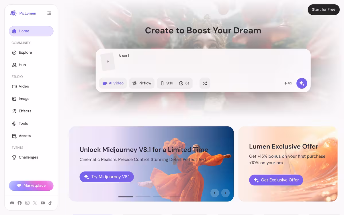 PicLumen|All-In-One AI Video and Image Generative Platform & Community homepage screenshot