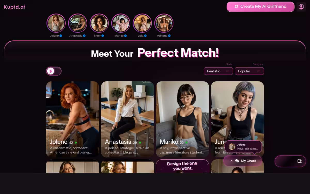Experience the Future of AI Chat with KupidAI homepage screenshot