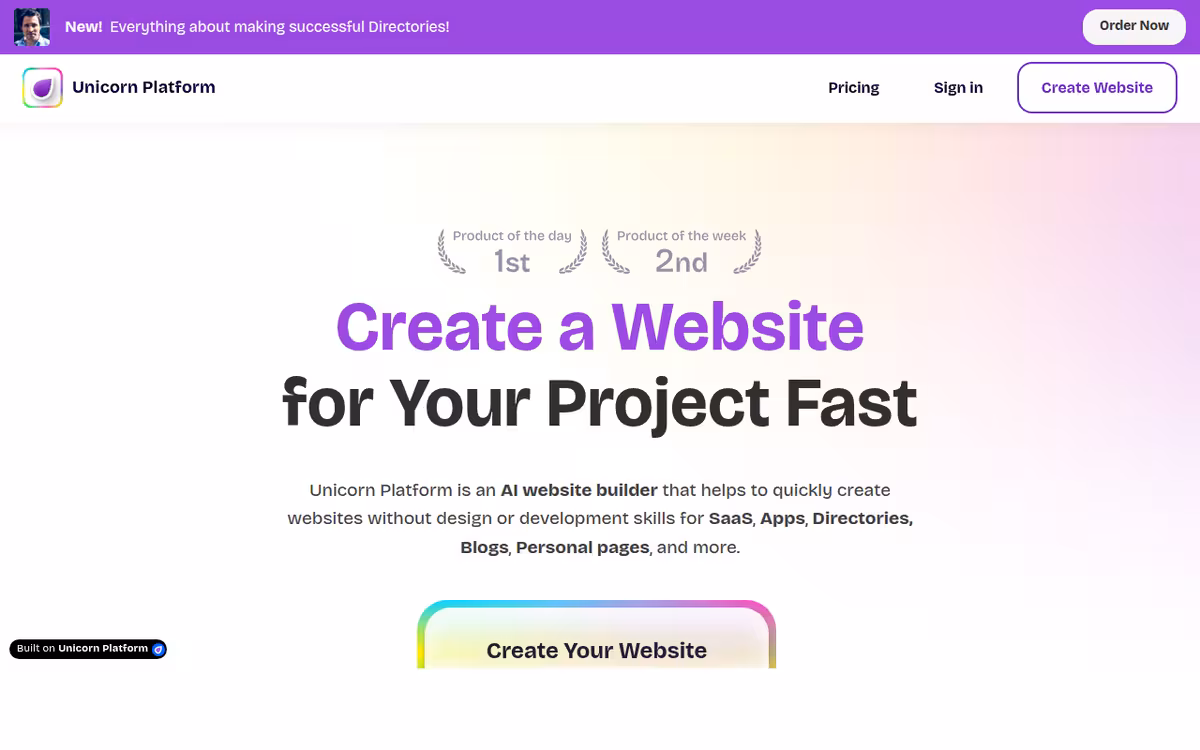 Unicorn Platform π¦ AI Website Builder for Busy Founders homepage screenshot