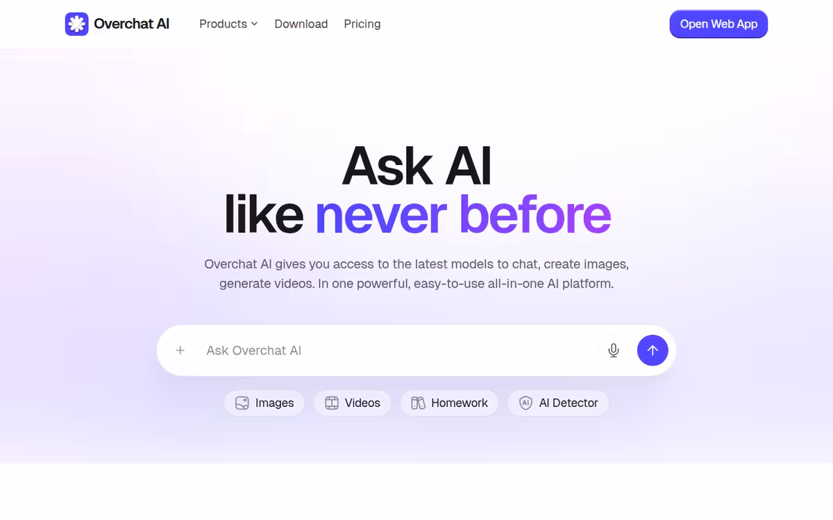 OverChat AI Writer homepage screenshot