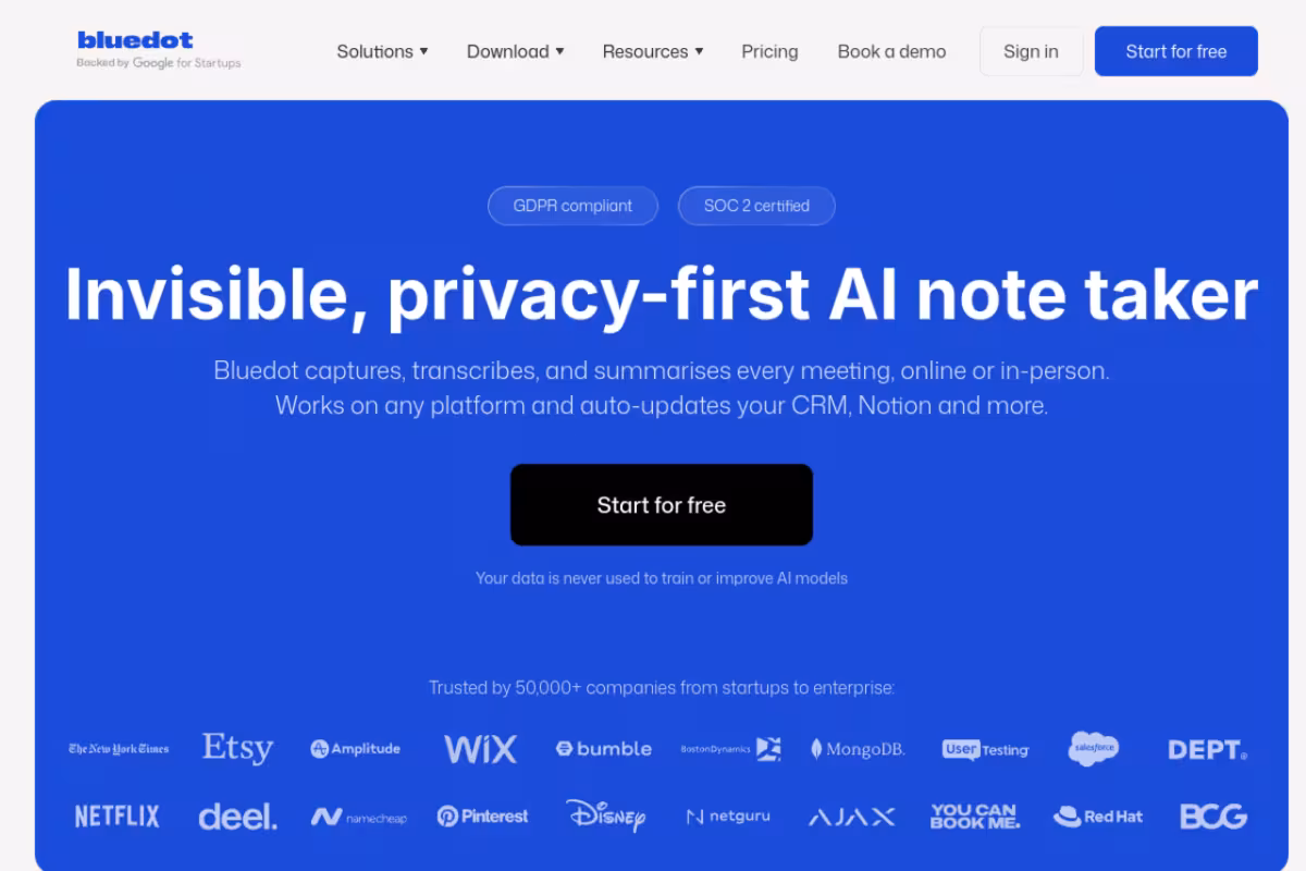 Bluedot homepage screenshot