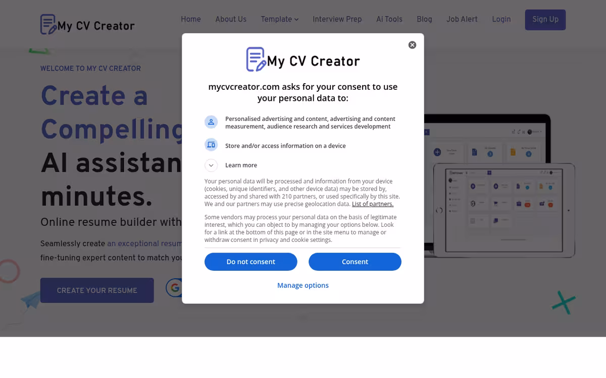 MyCVCreator homepage screenshot