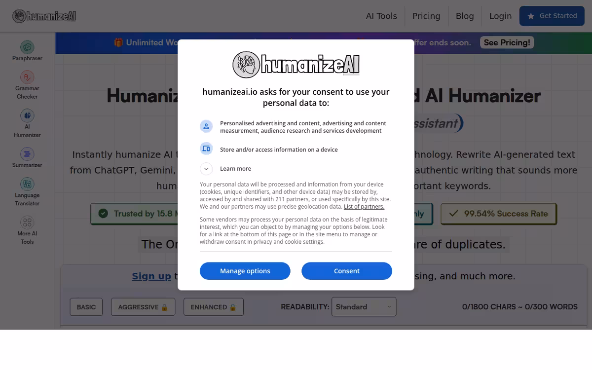HumanizeAI.io homepage screenshot