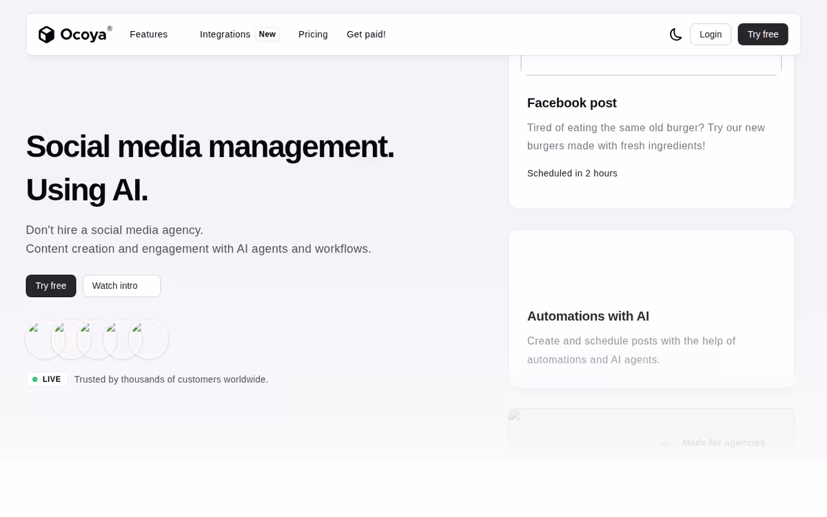 Ocoya homepage screenshot