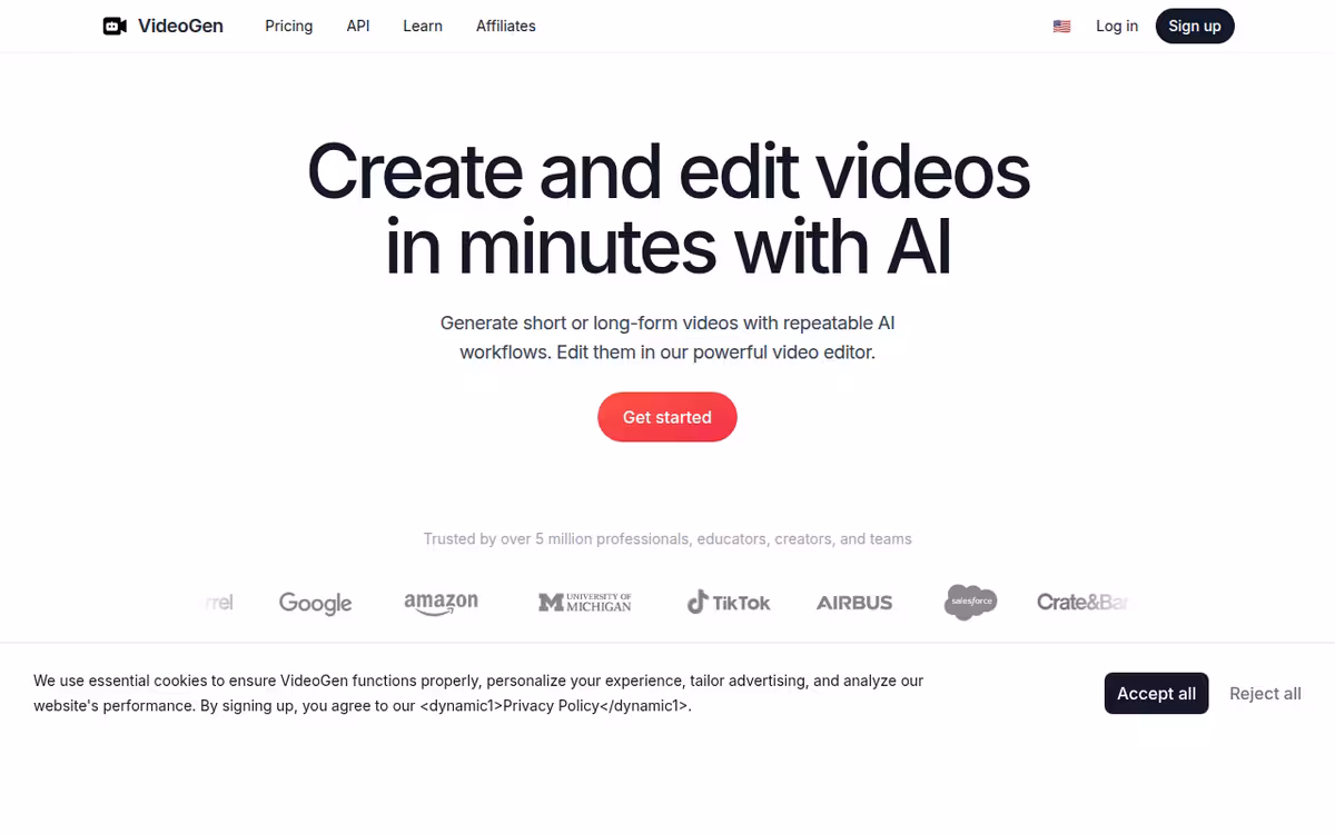 VideoGen homepage screenshot