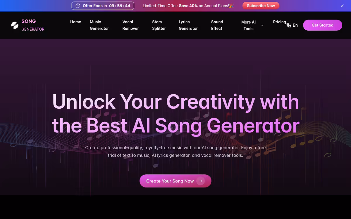 Create High-Quality, Royalty-Free Songs with SongGenerator.io as Your AI Song Generator homepage screenshot